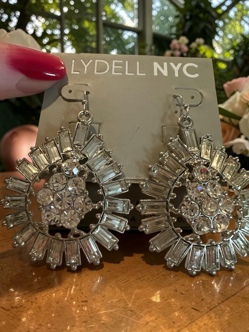 LYDELL NYC Silver Rhinestone Sunburst Statement Drop Earrings